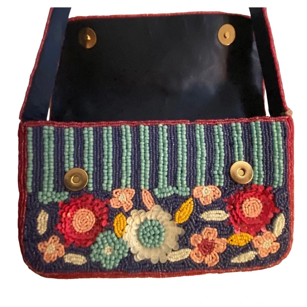 Floral Beaded Shoulder Bag Blue Pink Sequin Handcrafted Made in India NWT